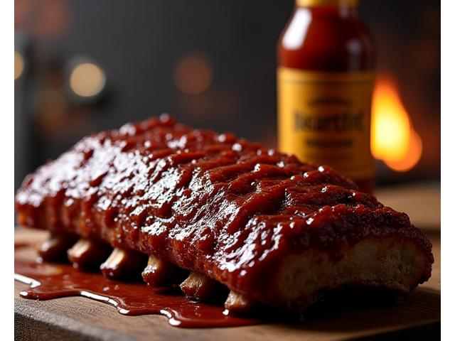 クラシックBBQソースのボトルと美味しそうなリブ