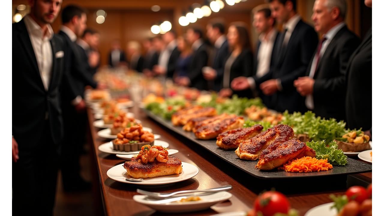 高級感のある企業イベントでHearthfire Provisionsの料理が並ぶ様子