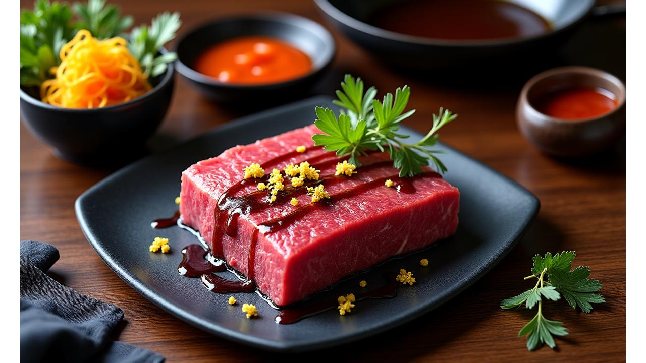 和と洋の食材が融合したモダンなBBQ料理のイメージ。日本の調味料とグリルされた肉や野菜が並ぶ