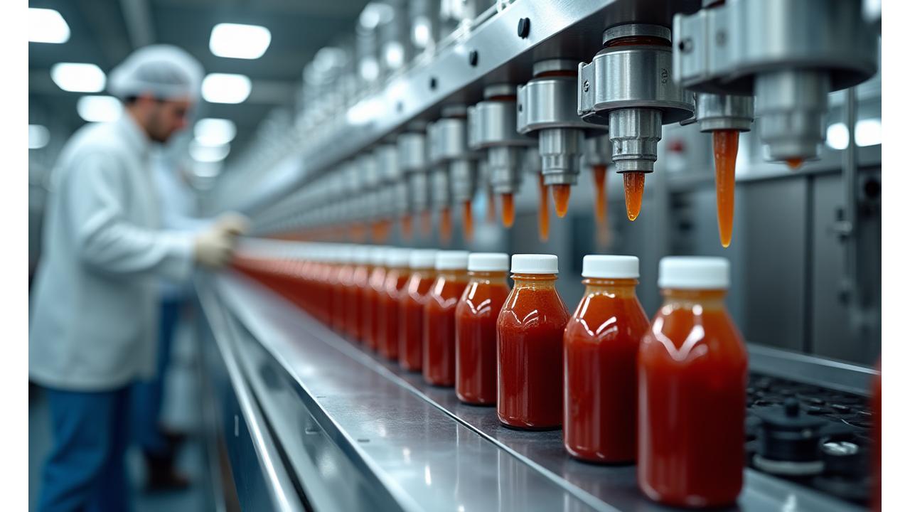 清潔な食品工場でソースのOEM製造ラインが稼働している様子