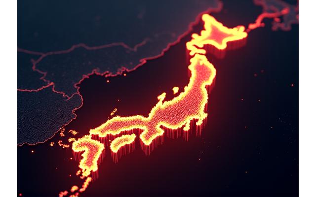 日本の地図上に物流ネットワークを示す光のラインが広がる様子